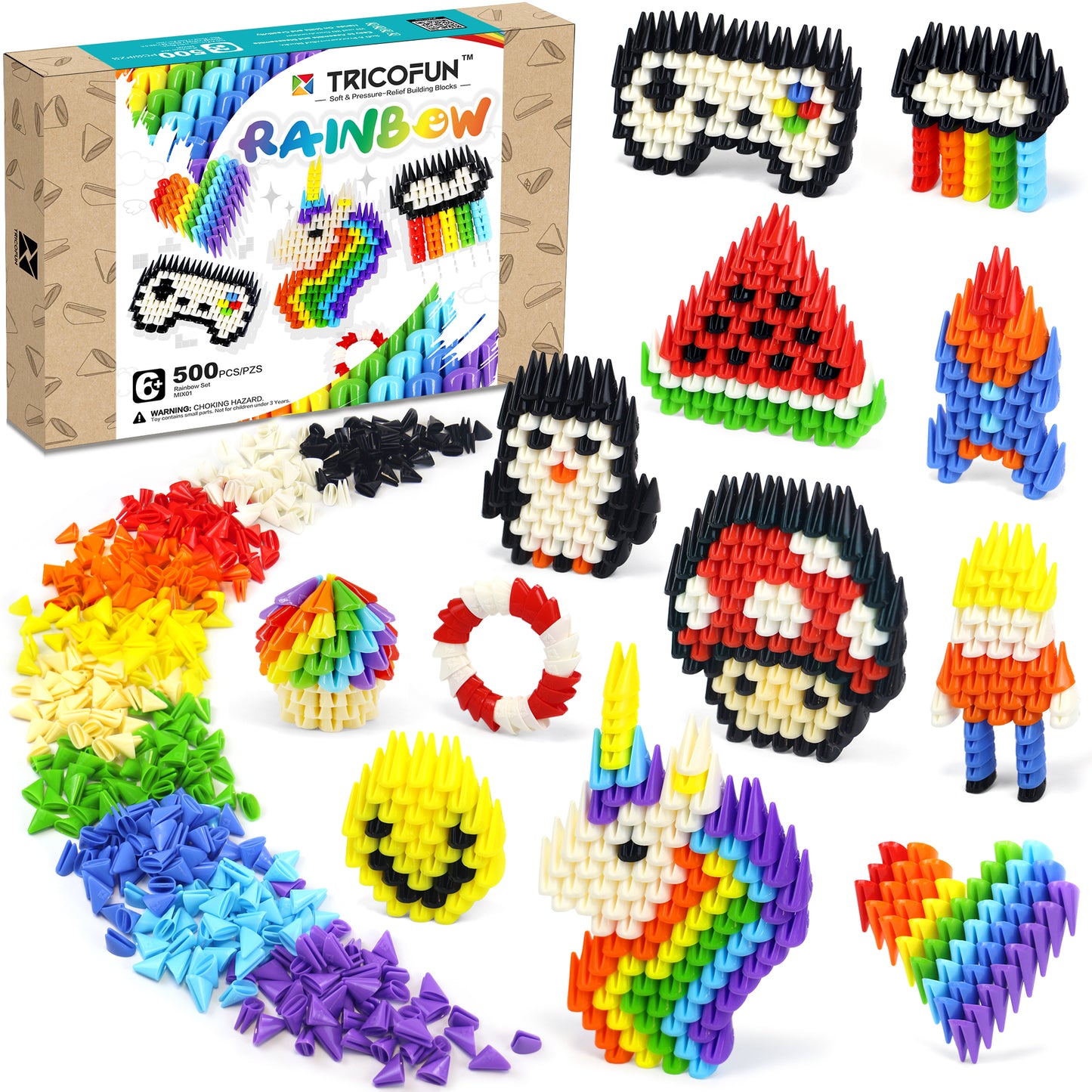 500 Pieces Soft Building Blocks Kids Rainbow Mix STEM Toys Educational Building Toys Monochrome Sets Interlocking Solid Plastic for Preschool Kids Boys and Girls Aged 6+ (MIX01)